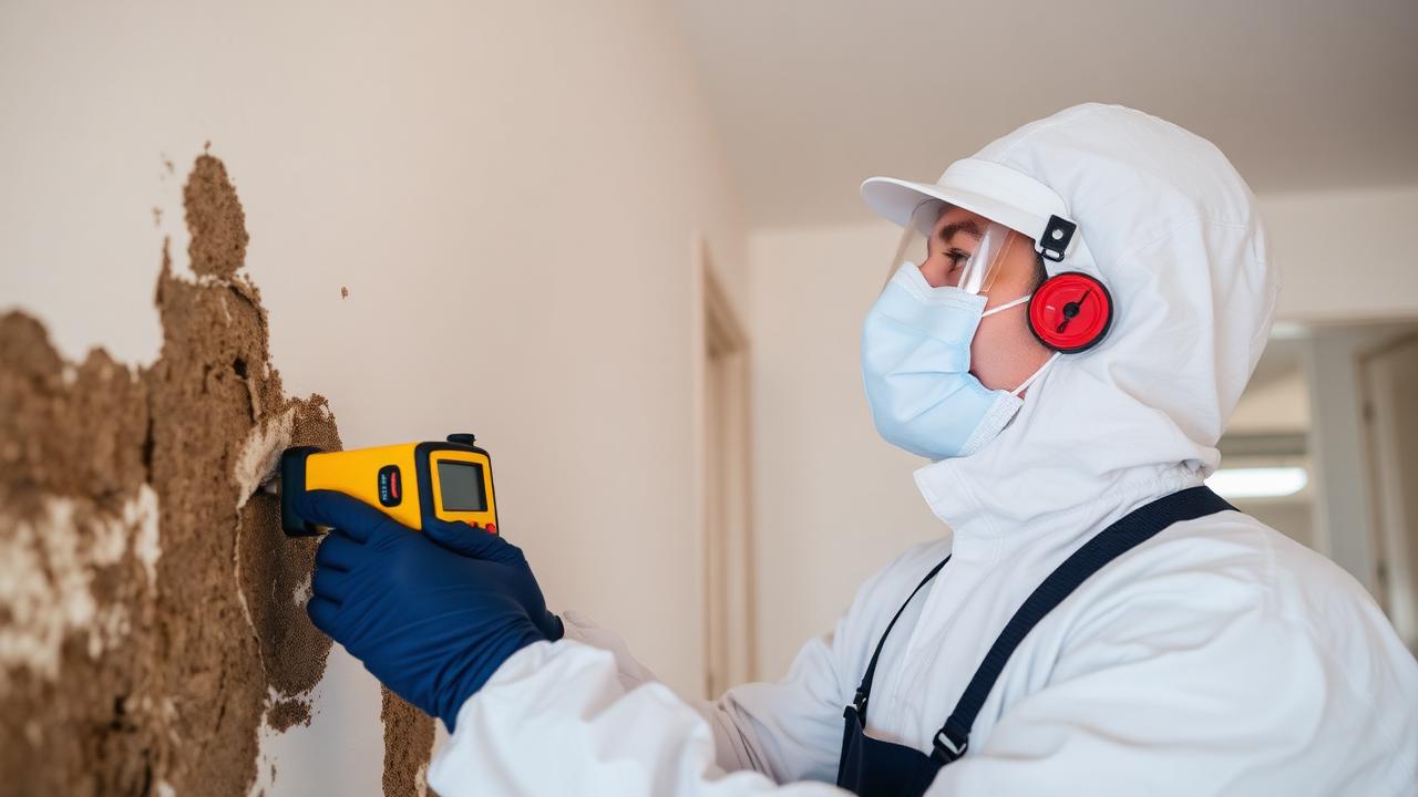 Schimmelexperte bei der professionellen Analyse einer Wand