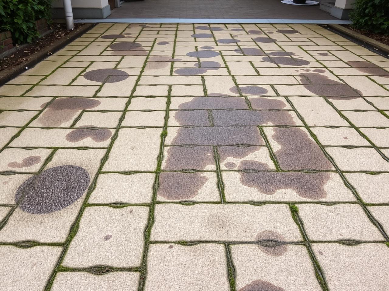 Verschmutzte Pflastersteine mit Moos und Algen