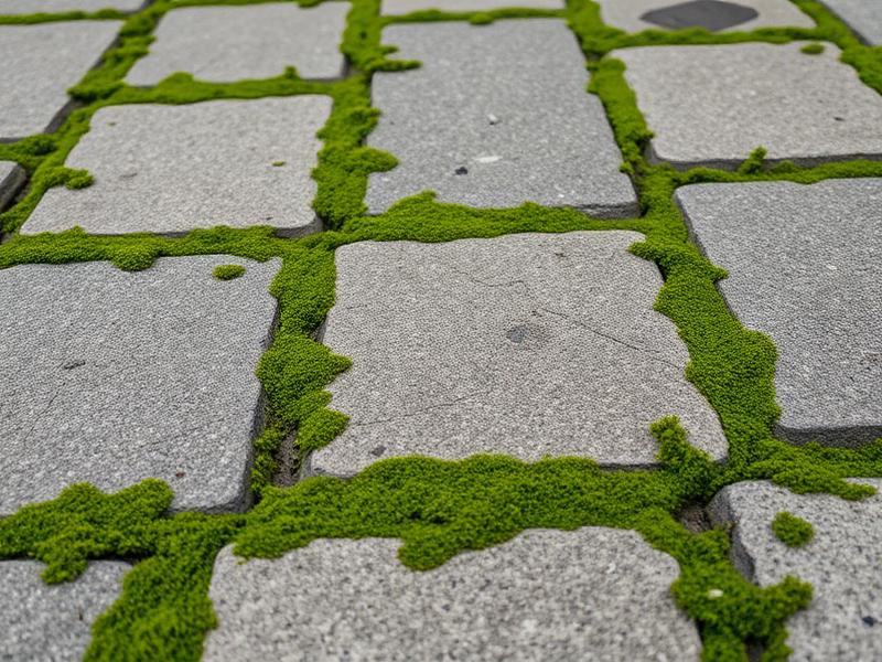 Nahaufnahme von Moos zwischen Pflastersteinen