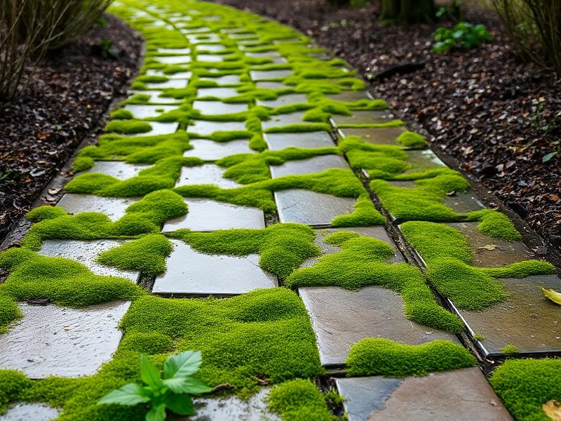 Moosbedeckter Gartenweg als Unfallgefahr