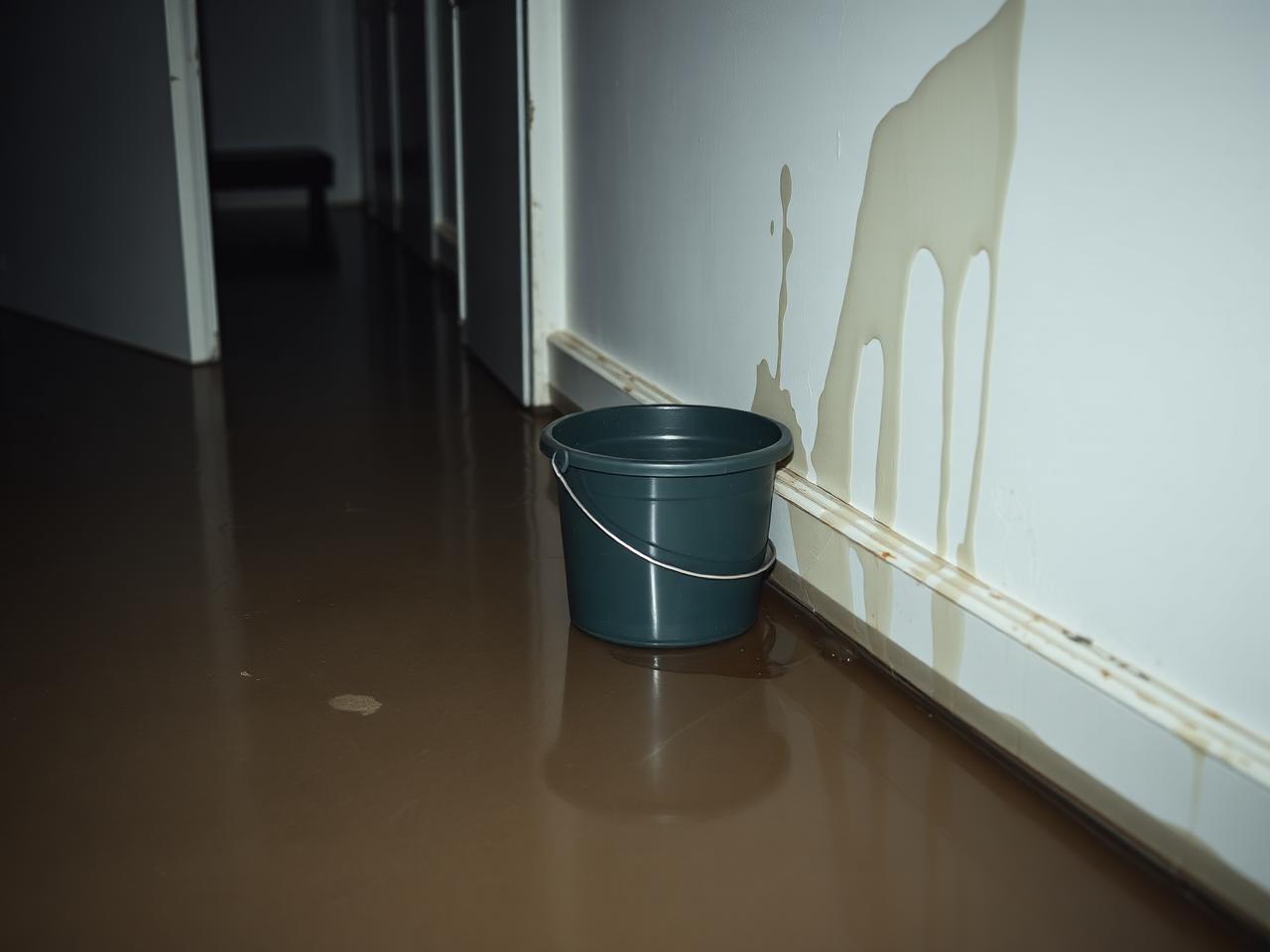 Wasserschaden in einer Wohnung mit feuchtem Boden und Wasserspuren an der Wand